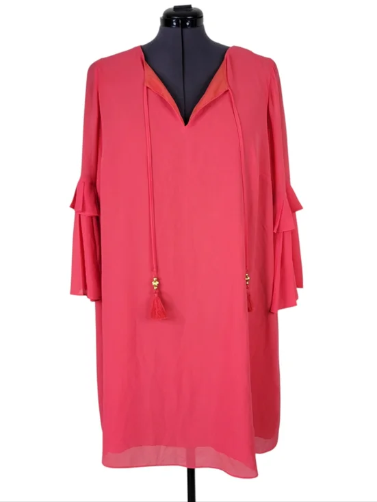 Vince Camuto Chiffon Dress 20W Pink Split Neck Tassel Tie Pleated Sleeves New - Picture 2 of 12